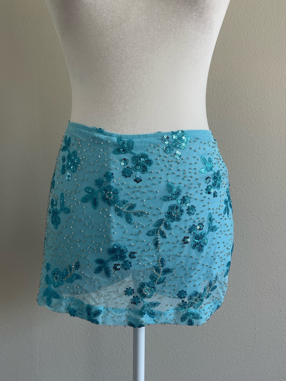Sky Blue Sequin Floral Mini Skirt
